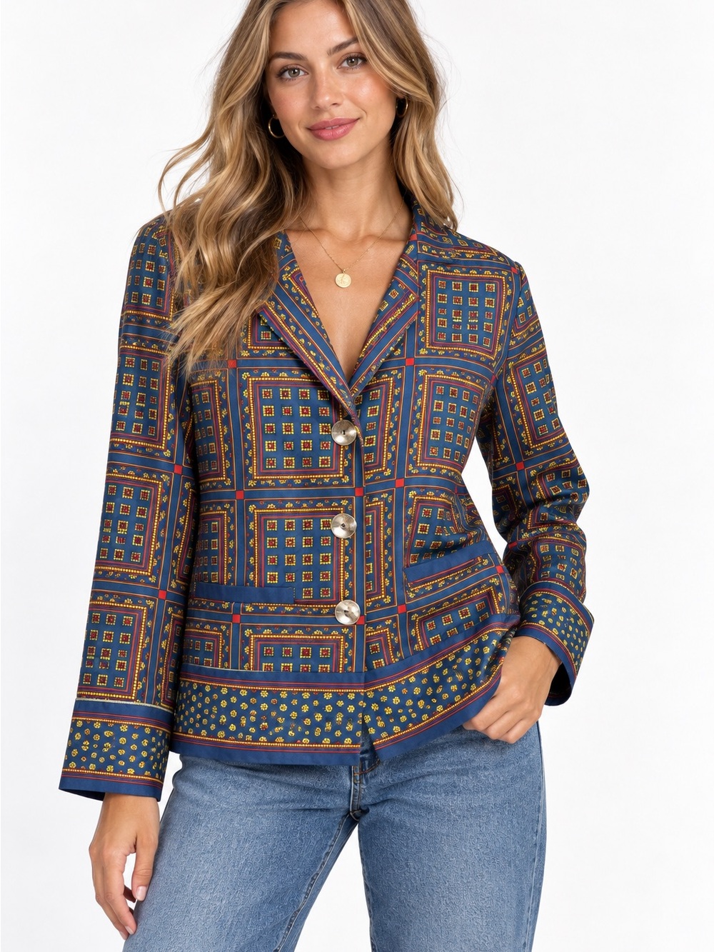 Zara Scarf Print Navy Multi-Patterned Button-Front Blazer sz XL Retro Mob Wife